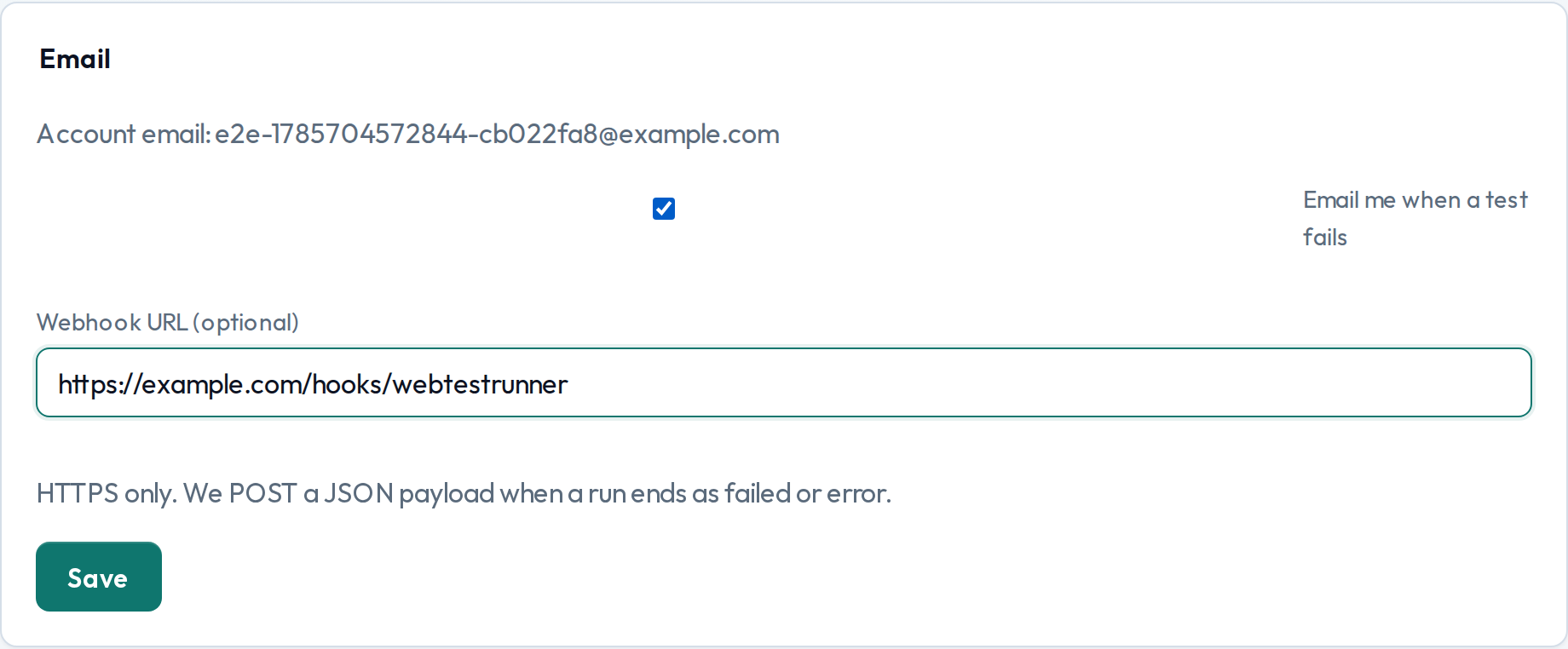 Settings form with email-on-failure checked and an HTTPS webhook URL filled in