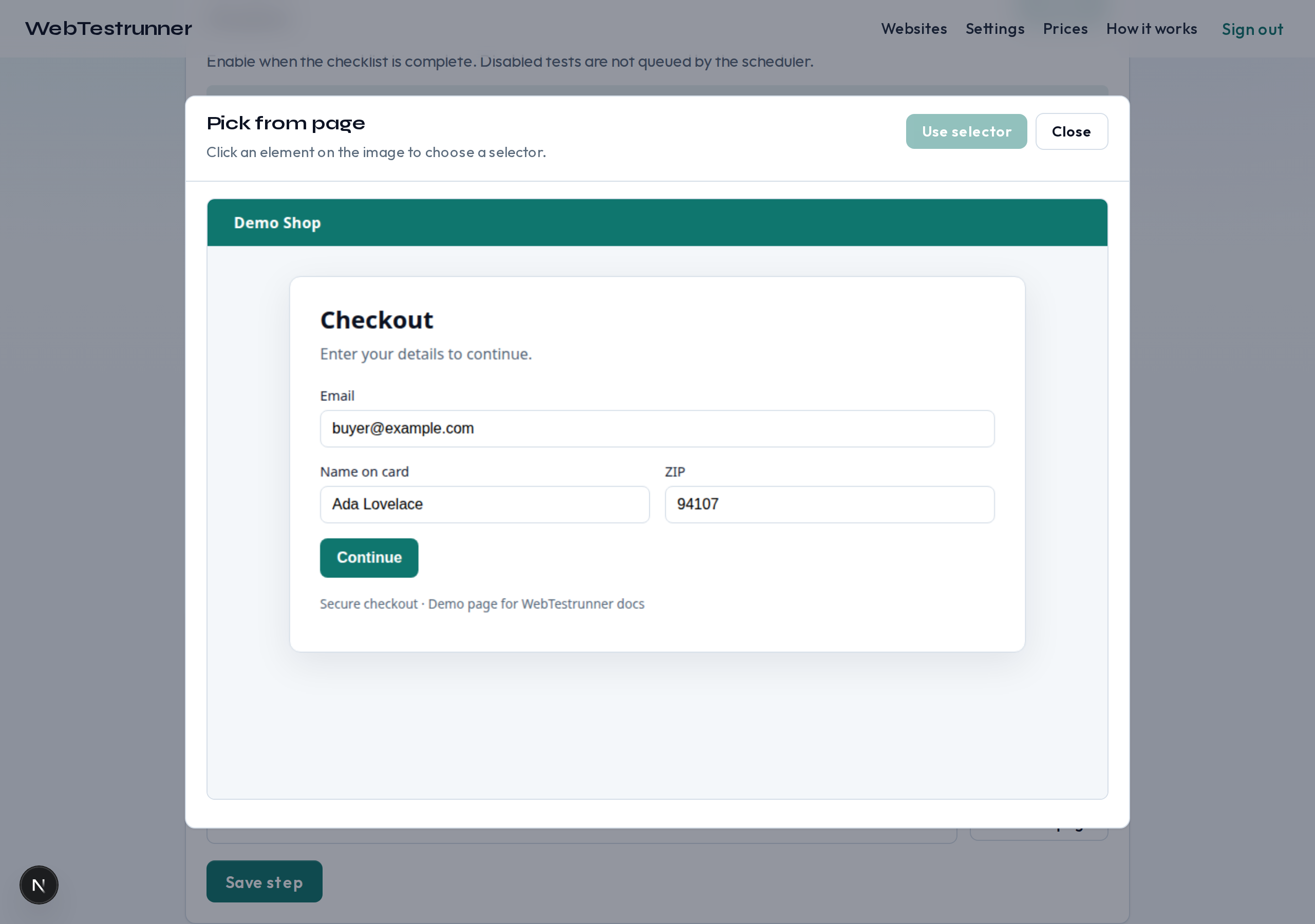 Pick from page dialog showing a captured checkout page ready for element selection