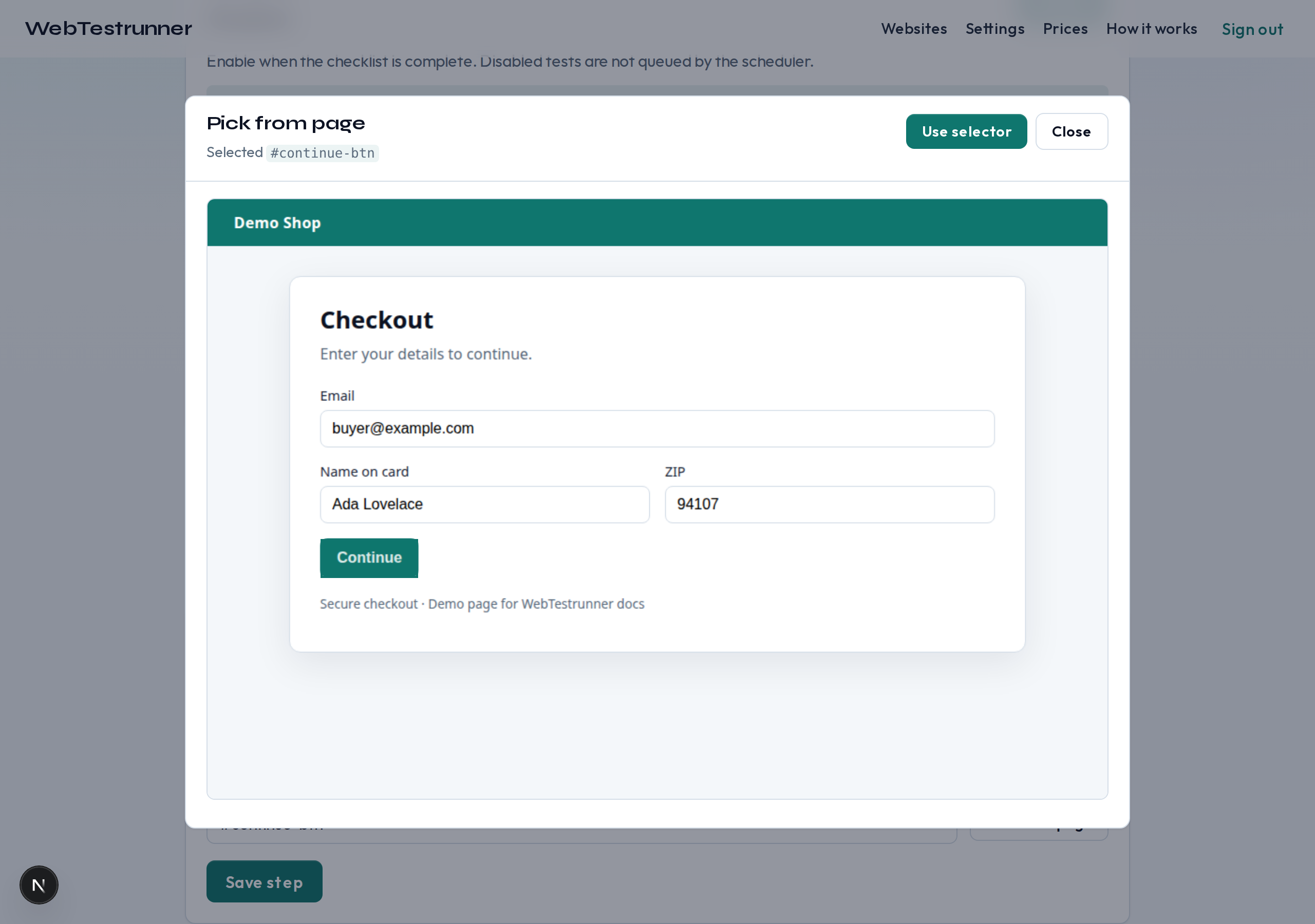 Pick from page dialog with the Continue button selected as CSS selector #continue-btn